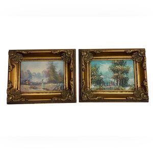 Vintage Oil Painting Lot of 2 Landscape Woman Umbrella 6.5” x 4.5” Art Pieces